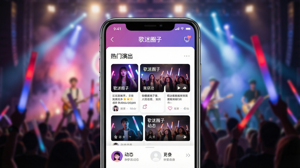 一张充满活力的手机应用界面预览图,主体是“歌迷圈子”APP的首页,展示着热门演出信息流和粉丝动态卡片,背景是模糊的演唱会现场灯光与挥舞的荧光棒,布局清晰,排版现代,风格青春时尚,细节精致,画质高清干净,无多余元素,图片上带有“歌迷圈子”字样