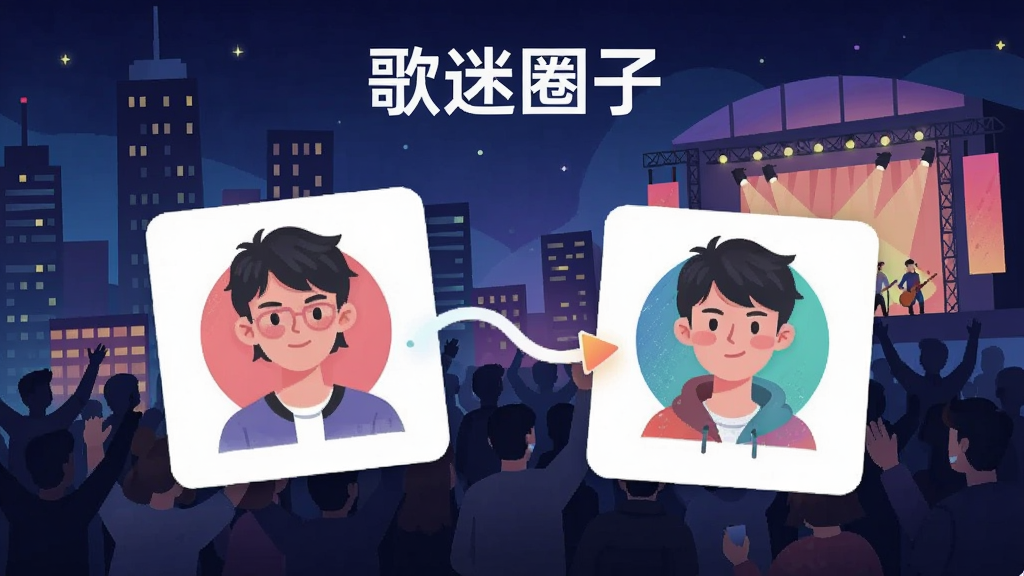 一张展示“歌迷圈子”APP同好匹配功能的预览图,主体是用户画像匹配界面,两个风格相近的年轻用户头像卡片正在连接,背景是城市夜景与演出场馆,布局活泼,排版灵动,风格现代插画风,细节丰富,画质干净,无多余元素,图片上带有“歌迷圈子”字样