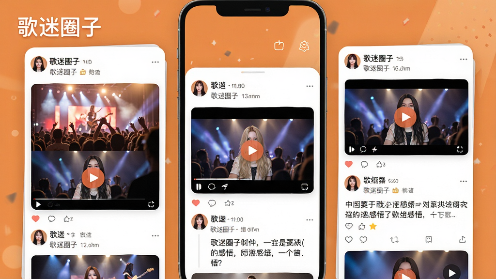 一张“歌迷圈子”APP内容社区的界面预览图,主体是瀑布流形式的粉丝动态,包含现场照片、视频和文字感悟,背景是温暖的粉丝应援色,布局错落有致,排版时尚,风格清新,细节真实,画质高清,无多余元素,图片上带有“歌迷圈子”字样