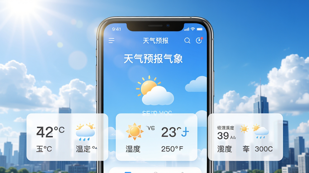 主体为一部智能手机屏幕显示“天气预报气象”应用界面,背景是晴朗的蓝天白云与城市天际线,前景有温度、湿度等天气数据卡片,布局清晰,排版现代,风格写实明亮,细节包含阳光效果和清爽的蓝色调,画质高清,干净无多余元素