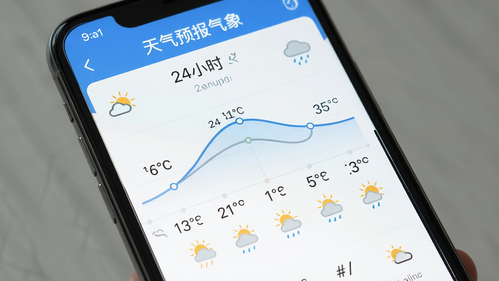 手机屏幕展示“天气预报气象”的24小时预报页面,以时间轴形式显示每小时气温曲线和天气图标,布局清晰,排版简洁,风格扁平化,细节包括温度数值和天气符号,画质高清,干净无多余元素