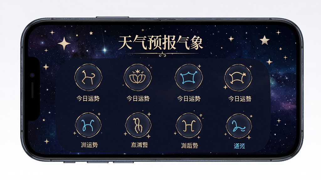 手机屏幕显示“天气预报气象”的星座运势页面,有十二星座图标和今日运势文字,背景为星空元素,布局居中,排版优雅,风格神秘,细节包含星星点缀,画质高清,干净无多余元素