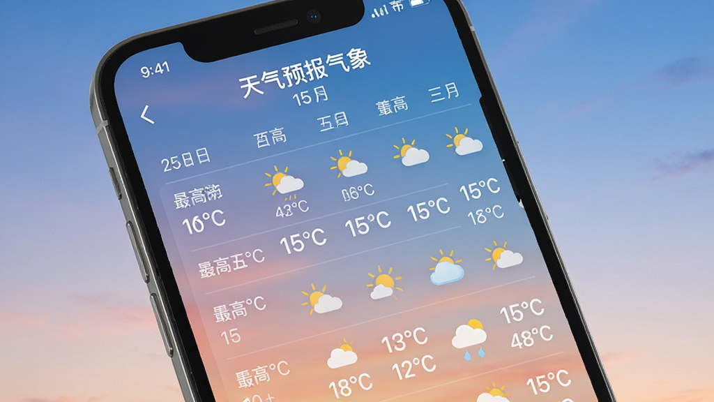 手机屏幕展示“天气预报气象”的15日预报列表,显示每日最高最低温度及天气图标,背景为渐变天空色,布局规整,排版直观,风格清新,细节包含日期和温度标注,画质高清,干净无多余元素