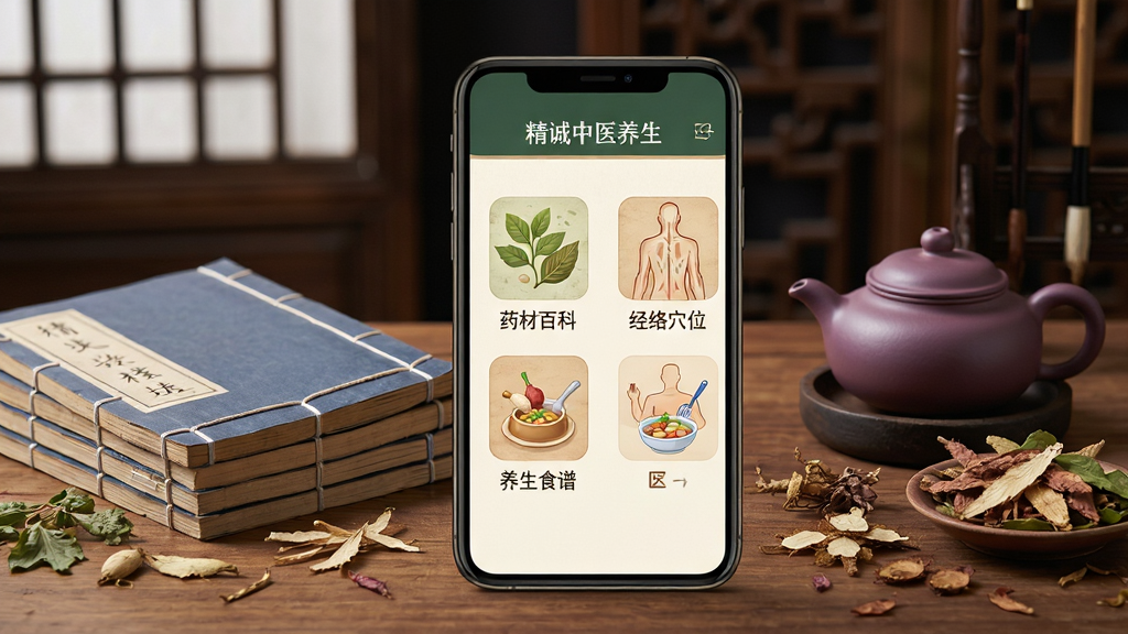 画面主体为“精诚中医养生”APP界面展示,背景是古风书房,木质书桌上摆放着线装医书、紫砂茶壶和几株中草药,手机屏幕显示APP首页,包含“药材百科”、“经络穴位”、“养生食谱”等模块图标,布局清晰,排版整洁,风格古朴典雅,细节丰富,画质高清,干净无多余元素