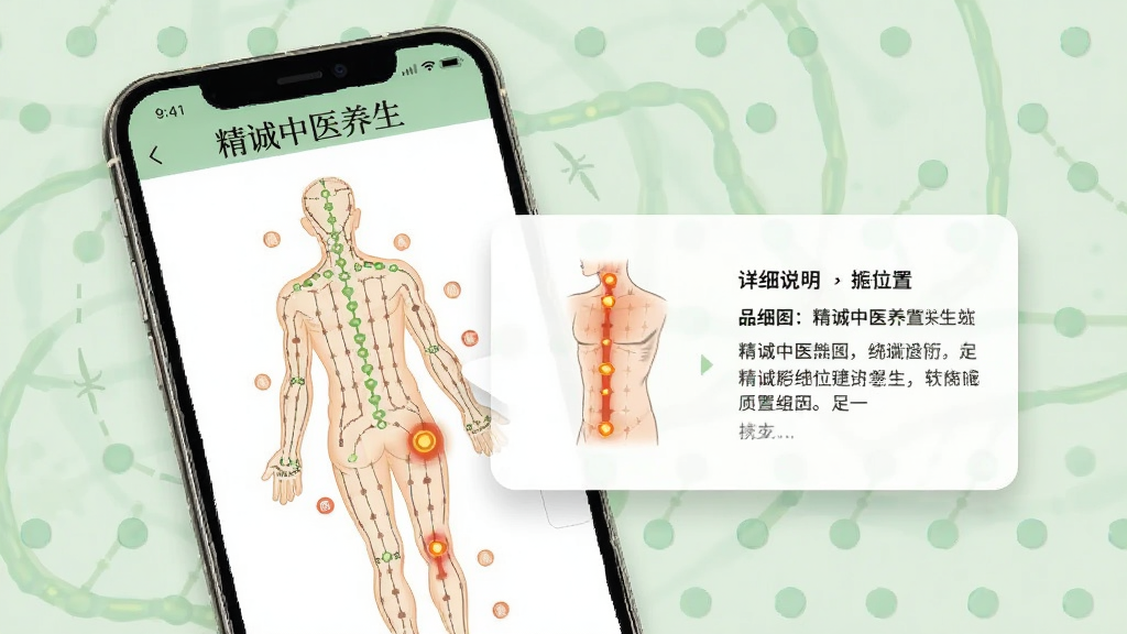 画面主体为“精诚中医养生”APP的经络穴位页面,屏幕显示人体经络图,点击足三里穴位后弹出详细说明卡片,包含穴位位置示意图和文字描述,背景为淡绿色,风格简洁医学风,布局清晰,画质高清,干净无多余元素