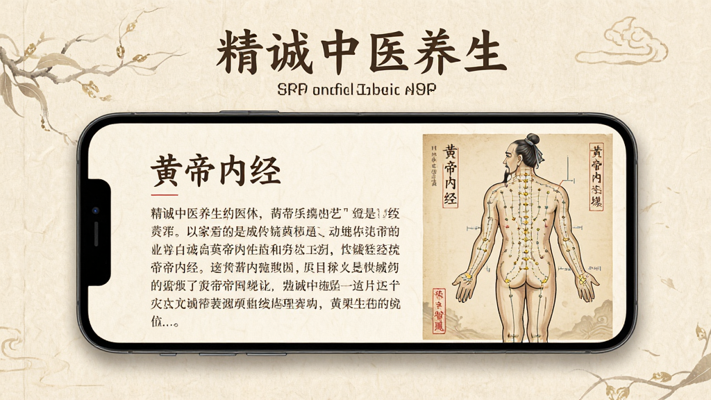 画面主体为“精诚中医养生”APP的养生智慧板块,屏幕展示一篇关于“黄帝内经”的文章,配以古代经络图插画,背景为米色宣纸,风格古典雅致,排版文雅,细节丰富,画质高清,干净无多余元素
