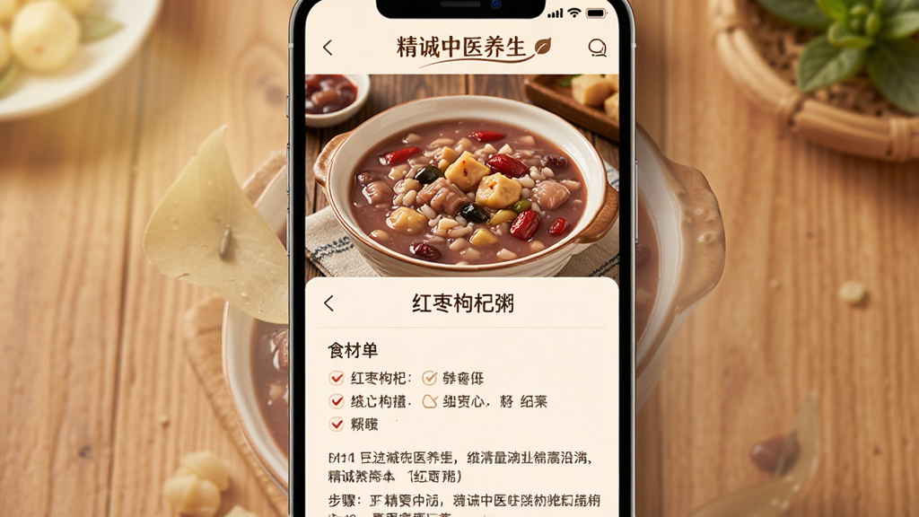画面主体为“精诚中医养生”APP的养生食谱页面,屏幕展示一道“红枣枸杞粥”的食谱,上方为成品美食照片,下方为食材清单和步骤文字,背景为暖色木纹,排版温馨,风格美食摄影,细节丰富,画质高清,干净无多余元素