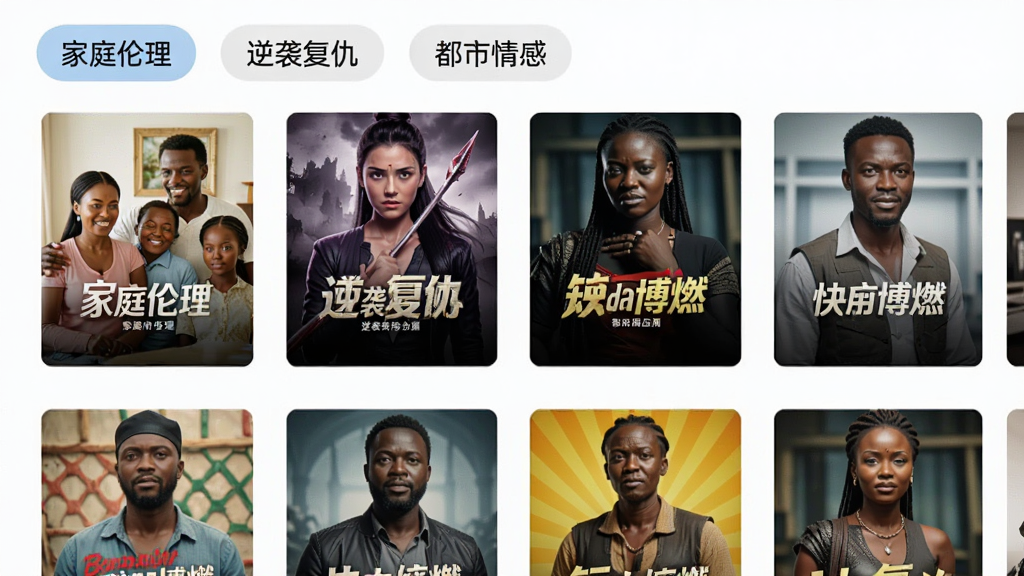 一张Boran博燃应用内容库截图,屏幕中展示分类列表,有“家庭伦理”“逆袭复仇”“都市情感”等标签,下方是各种短剧封面缩略图,界面清爽,图片排列整齐,色彩明亮,画质高清,干净无多余元素。