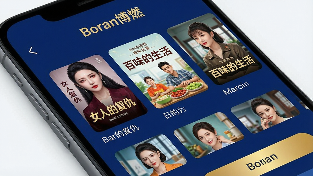 一张智能手机屏幕特写,屏幕中展示Boran博燃应用主界面,顶部显示“Boran博燃”字样,下方排列着多部短剧封面海报,包括《女人的复仇》《百味的生活》等,整体界面以深蓝色为主色调,配以金色高亮按钮,画面清晰、色彩鲜艳,布局简洁现代,画质细腻,干净无多余元素。