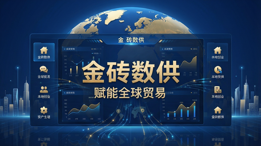 主体:金砖数供APP界面,展示全球贸易与本地创业的数字化生态,背景融合地球与城市剪影;布局:中央大屏展示数据图表,两侧分布功能图标;排版:简洁现代,突出“金砖数供”Logo与“赋能全球贸易”字样;风格:科技感、商务蓝金配色;细节:界面高清、光影自然、数据流动线条;画质:4K超清,干净无多余元素。