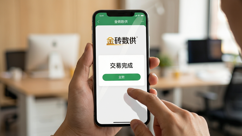 主体:用户手持手机操作金砖数供APP,屏幕显示交易成功界面;布局:手机居中,背景虚化办公场景;排版:突出“金砖数供”Logo与“交易完成”提示;风格:写实生活风,暖色调;细节:手指点击屏幕、屏幕反光自然;画质:高清,干净无杂乱元素。