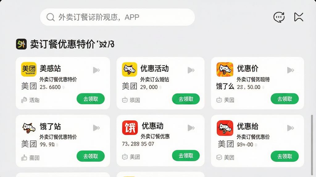 一张“外卖订餐优惠特价”APP的首页聚合界面预览图,界面顶部为搜索栏,下方以信息流形式展示来自美团、饿了么等多个平台的优惠活动卡片,每张卡片包含平台Logo、优惠描述和“去领取”按钮,背景为浅灰色,整体布局清晰,信息层级分明,风格现代简约,画质高清,突出“外卖订餐优惠特价”APP的“一站式”特性