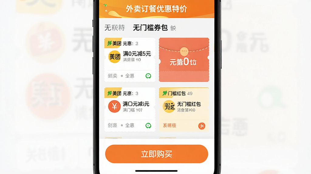 一张“外卖订餐优惠特价”APP内“无门槛券包”功能界面的截图,界面以卡片形式展示多张美团优惠券,每张券面额清晰,例如“满0元减5元”、“无门槛红包”等,界面底部有醒目的“立即购买”按钮,整体设计风格扁平化,色彩明快,突出“外卖订餐优惠特价”APP的便捷和省钱特性,画质清晰,构图简洁