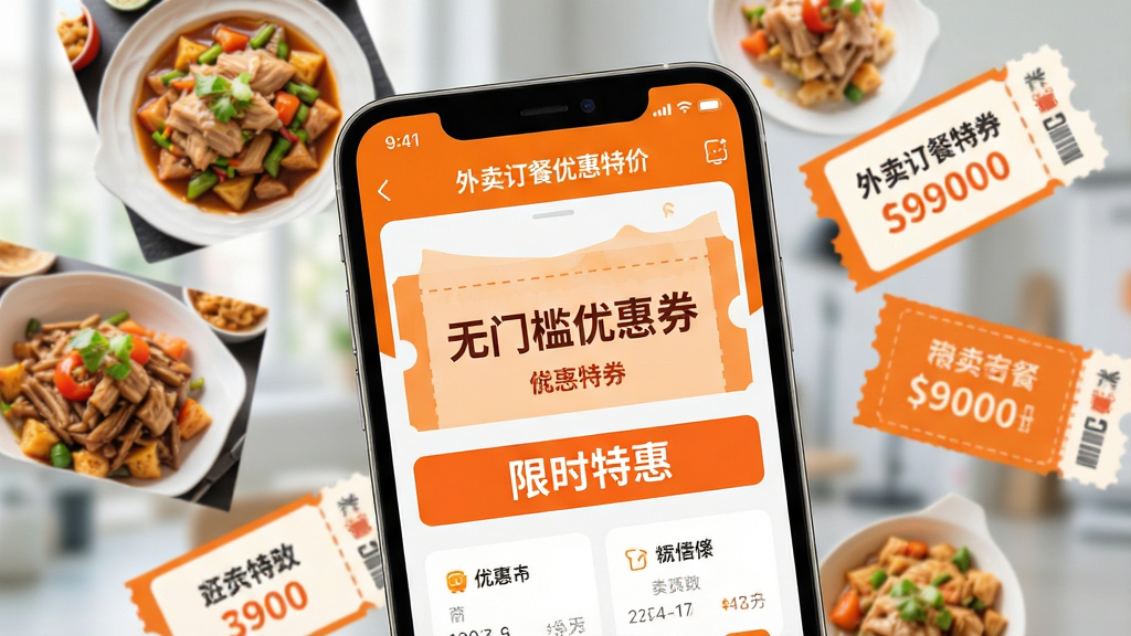一张手机屏幕的特写,屏幕上清晰显示“外卖订餐优惠特价”APP的界面,界面风格简洁明亮,以橙色和白色为主色调,主视觉突出“无门槛优惠券”和“限时特惠”字样,手机周围散落着各种美食图片和优惠券元素,背景虚化,整体画面干净,画质高清,突出“外卖订餐优惠特价”APP的省钱主题