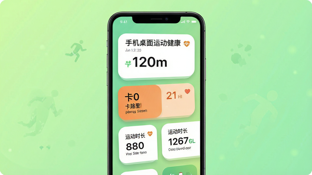 主体为手机桌面展示界面,背景为清新的浅绿色渐变,手机屏幕中央显示“手机桌面运动健康”的步数、卡路里和运动时长卡片,布局简洁明快,排版以卡片式模块化排列,风格现代扁平化,细节包括圆角卡片、柔和阴影、清晰的数字字体,画质高清干净,无多余元素。