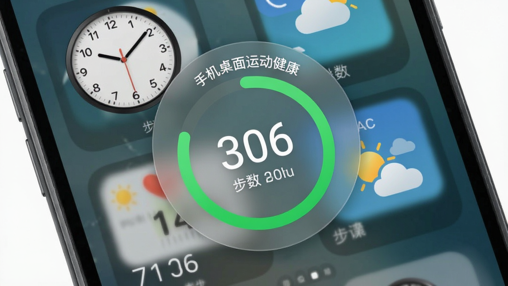 主体为手机桌面截图,中央悬浮着“手机桌面运动健康”的圆形步数小组件,周围搭配时钟和天气小部件,布局错落有致,排版清晰,风格清爽简洁,细节包括组件半透明背景、白色数字、绿色进度环,画质细腻干净,无多余元素。