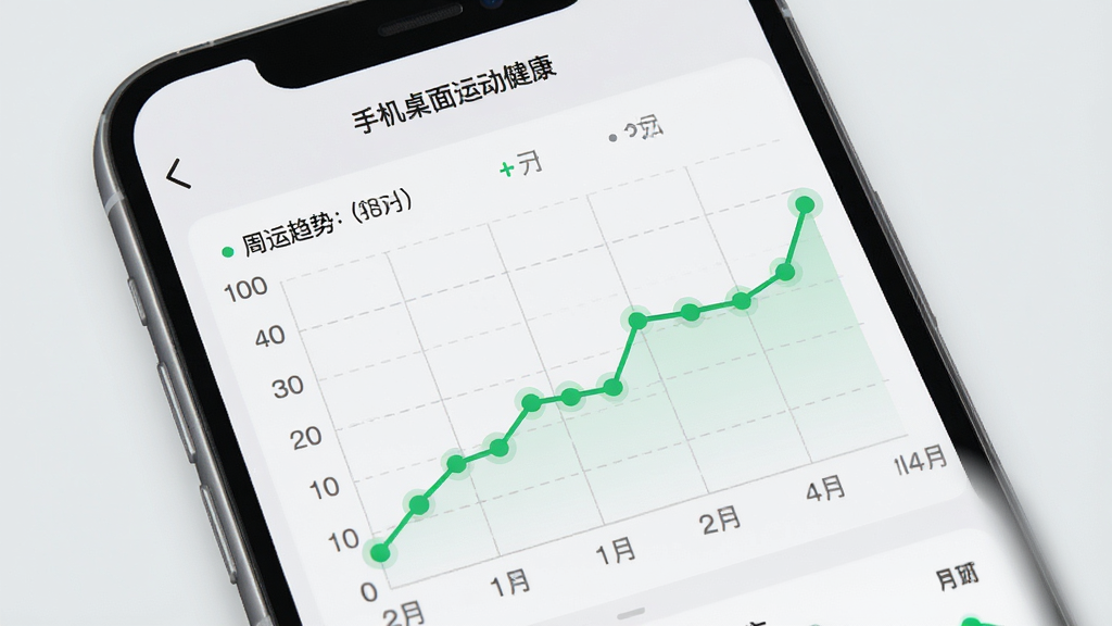 主体为手机运动健康APP的数据图表页,背景为浅灰色,屏幕中展示“手机桌面运动健康”的周运动趋势折线图,布局上下结构,排版清晰,风格商务简约,细节包括坐标轴、网格线、绿色数据点,画质锐利干净,无多余元素。