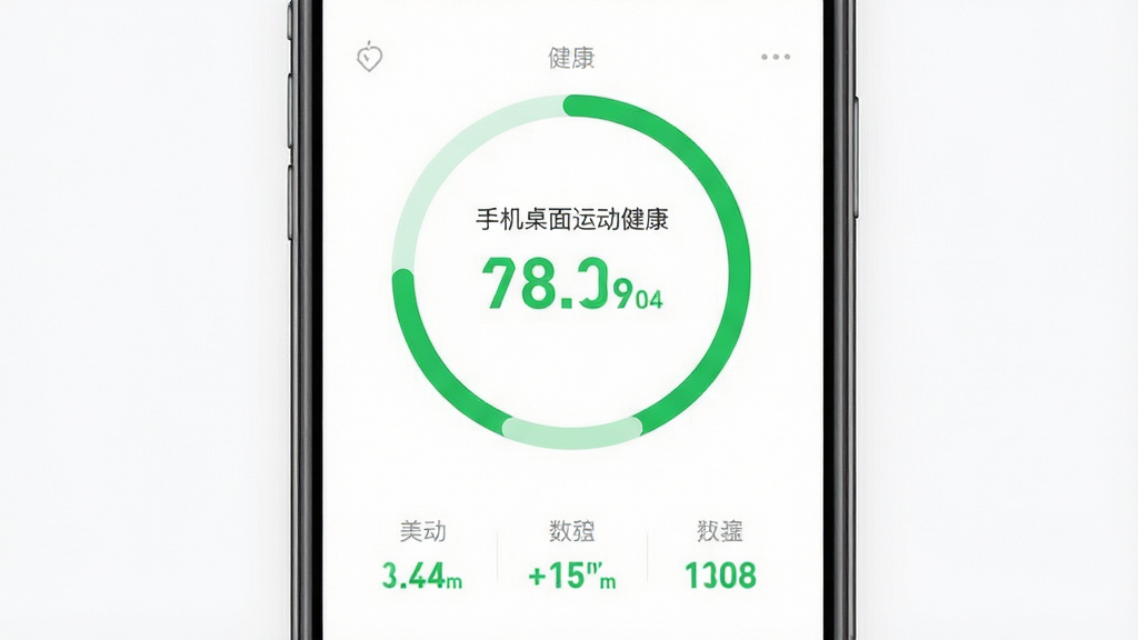 主体为手机运动健康APP的极简界面,背景为纯白色,中央显示“手机桌面运动健康”的当日步数环,下方配有三个简洁的数据标签,布局居中对称,排版留白充足,风格极简主义,细节包括细线条图标、浅灰色文字、绿色高亮数字,画质干净明亮,无多余元素。