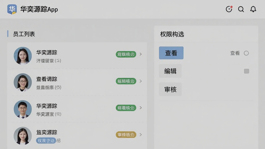 华奕源踪App的员工账号管理页面,左侧为员工列表,右侧为权限勾选面板,包含“查看”、“编辑”、“审核”等选项,背景为浅灰色,居中布局,扁平化风格,细节有头像和权限标签,画质清晰无多余元素