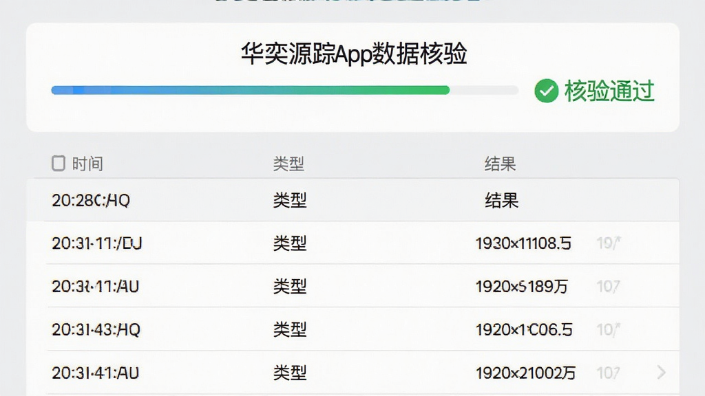 一张华奕源踪App的数据核验页面截图,上方显示核验进度条和“核验通过”绿色标识,下方为详细的记录列表,包含时间、类型、结果字段,背景为浅灰色,居中布局,扁平化设计风格,细节突出数据清晰易读,画质干净无多余元素