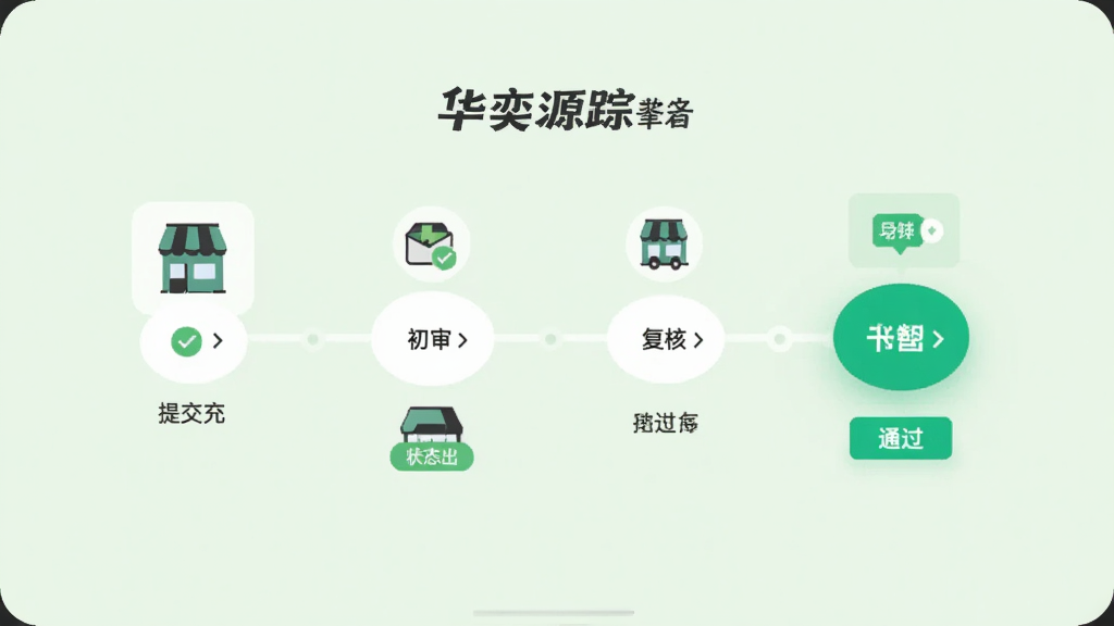 华奕源踪App的店铺备案审核流程界面,页面以时间轴形式展示提交、初审、复核、通过等步骤,当前步骤高亮显示,背景为淡绿色,居中布局,扁平化设计,细节包含店铺图标和状态标签,画质干净整洁