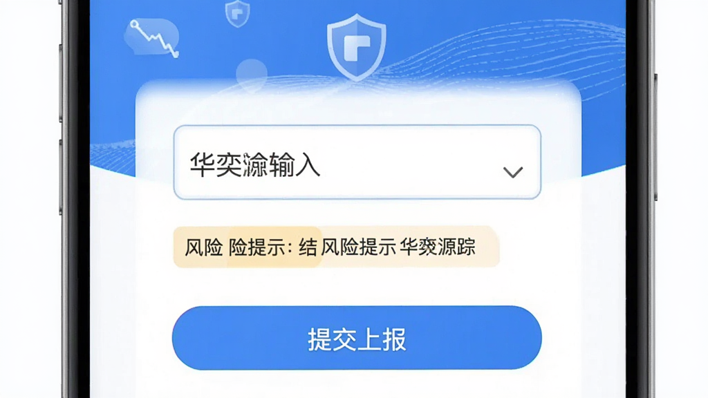华奕源踪App的大额交易上报界面,页面上方为交易金额输入框,下方为风险提示标签和“提交上报”按钮,整体以蓝白为主色调,居中布局,扁平化设计风格,细节包含盾牌图标和波浪线背景,画质清晰干净
