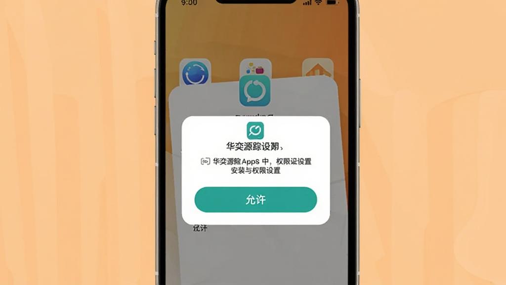 一张华奕源踪App的安装与权限设置界面,手机屏幕显示权限授权弹窗,背景为浅橙色桌面,居中构图,扁平化风格,细节包含“允许”按钮和系统图标,画质干净无多余元素
