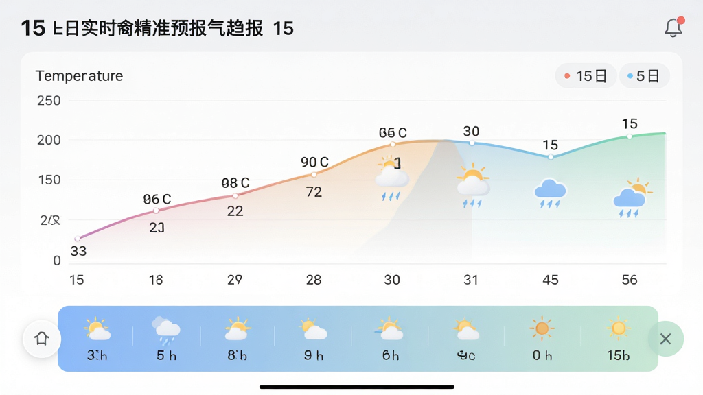 15日实时精准天气预报15日趋势图,显示温度折线与天气图标,横向滑动查看每日详情,界面清爽,图表平滑,色彩柔和,画质高清