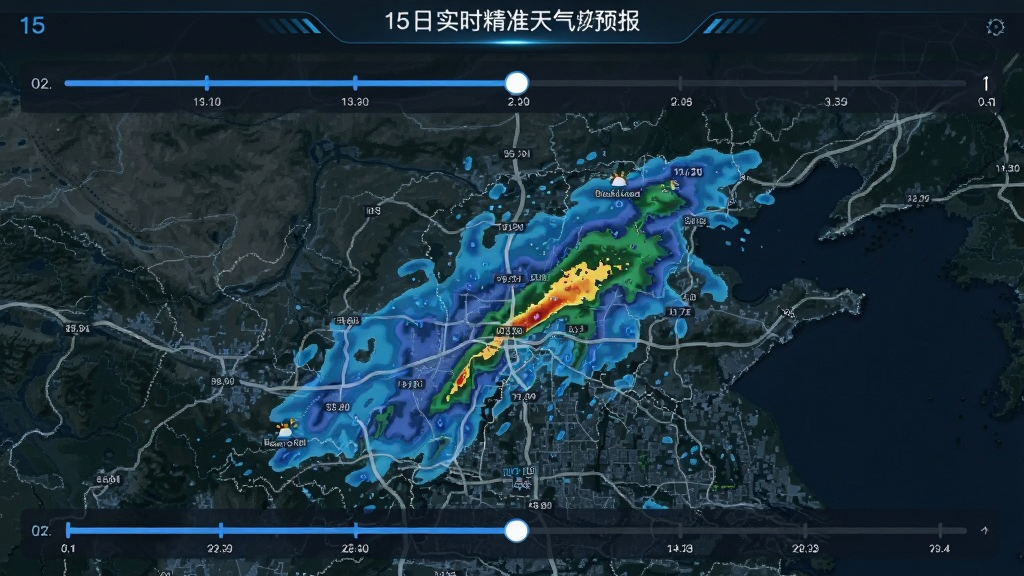 15日实时精准天气预报雷达降水预报界面,地图上显示分钟级降水区域,时间轴滑动条,蓝色雨区覆盖城市,界面清晰易懂,科技感强,画质干净