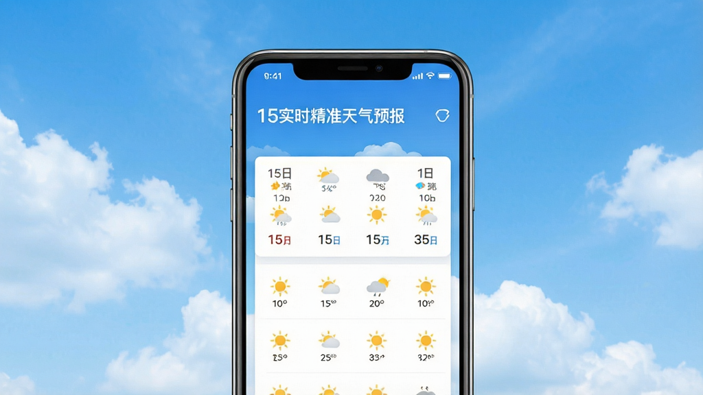 15日实时精准天气预报宣传主图,手机界面展示未来15天天气预报列表,背景为清新蓝天白云,界面设计简洁现代,色彩明快,画质清晰,无多余元素