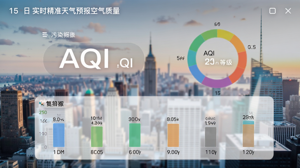 15日实时精准天气预报空气质量界面,显示AQI数值与污染等级色环,下方为六项污染物浓度柱状图,背景为城市风景,界面柔和,数据可视化清晰,画质细腻