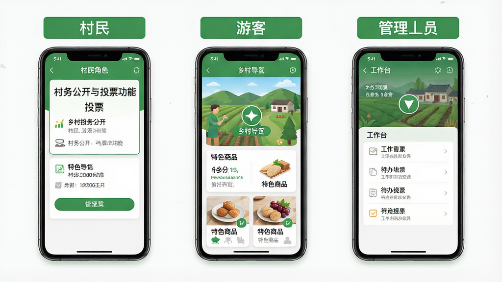 一张展示i乡村多角色切换功能的界面设计图,主体为三个并排的智能手机屏幕,分别代表村民、游客、管理人员三种身份界面,左侧屏幕显示村务公开与投票功能,中间屏幕显示乡村导览与特色商品,右侧屏幕显示工作台与待办列表,每个屏幕上方标注角色名称,整体布局清晰,风格统一,以绿色为主色调,扁平化设计,细节丰富,画质高清,干净无多余元素