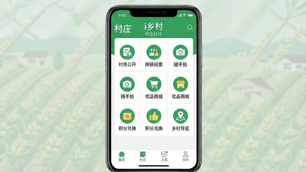 一张展示i乡村应用核心功能的手机界面预览图,主体为智能手机屏幕特写,屏幕中清晰显示“i乡村”应用主界面,顶部为应用名称与村庄名称,中部以九宫格图标排列展示“村务公开”、“网格投票”、“随手拍”、“优品商城”、“积分兑换”、“乡村导览”等功能入口,底部为导航栏,界面风格简洁清新,以绿色和白色为主色调,扁平化设计,布局规整,细节丰富,画质高清,干净无多余元素