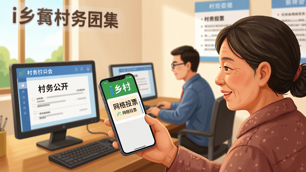 一张展示i乡村村务服务功能的场景插画,主体为乡村村委会办公室内,一位村民正在使用手机上的i乡村应用查看村务公开信息,屏幕上清晰显示“村务公开”和“网格投票”字样,背景有村干部在电脑前处理工单,画面温馨写实,色彩明亮,细节丰富,画质高清,干净无多余元素