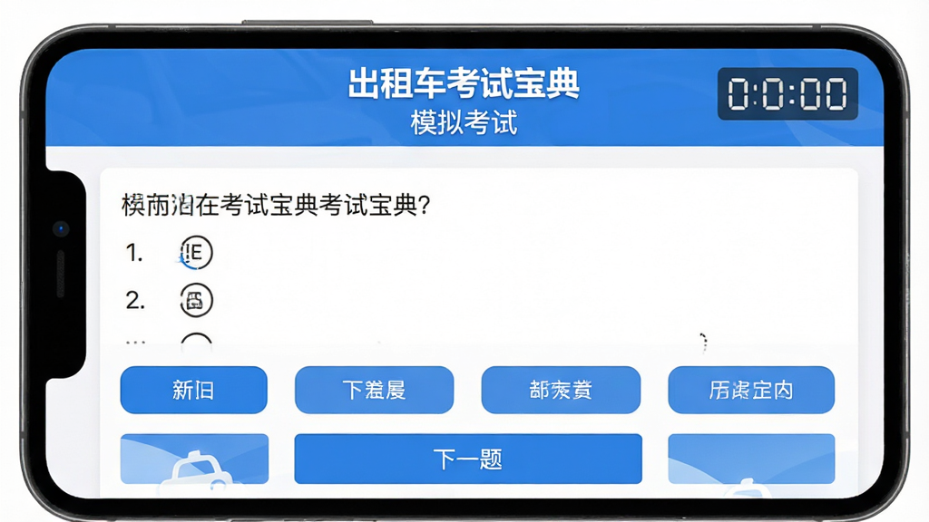 主体为出租车考试宝典APP的模拟考试界面,顶部显示“出租车考试宝典”和“模拟考试”字样,中央为一道选择题,下方有四个选项按钮和“下一题”按钮,右上角有倒计时,界面配色以白色和蓝色为主,清晰易读,画质干净无多余元素