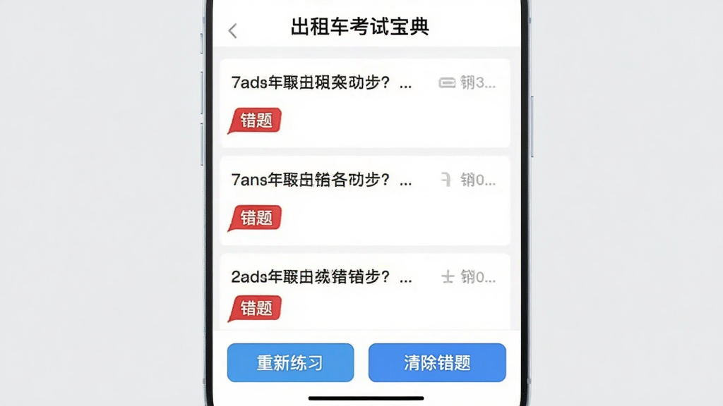 主体为出租车考试宝典APP的错题本界面,页面展示一组错题列表,每条题目旁有红色“错题”标签,底部有“重新练习”和“清除错题”按钮,背景为浅灰色,整体简洁,画质干净无多余元素