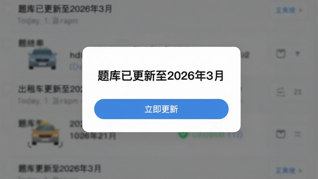 主体为出租车考试宝典APP的题库更新提示弹窗,弹窗中央显示“题库已更新至2026年3月”字样,下方有“立即更新”按钮,背景为模糊的题目列表,整体风格清晰,画质干净无多余元素