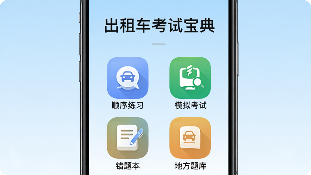 主体为一部智能手机屏幕显示出租车考试宝典APP主界面,上方有“出租车考试宝典”文字标题,下方排列“顺序练习”“模拟考试”“错题本”“地方题库”四个彩色图标,背景为浅蓝色渐变,整体风格简洁现代,图标圆润,画质干净无多余元素