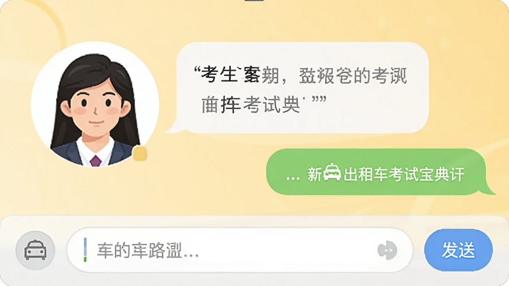 主体为出租车考试宝典APP的在线客服聊天界面,左侧为客服头像,右侧为考生咨询气泡,底部有输入框和发送按钮,背景为浅黄色,整体温馨,画质干净无多余元素
