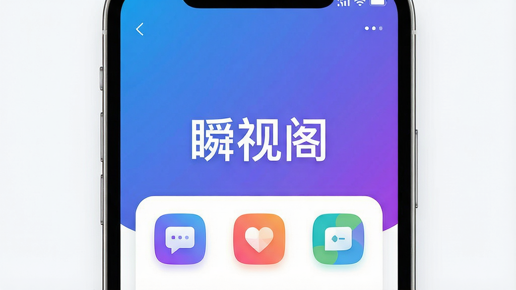 一张现代简约风格的手机应用预览图,屏幕中央显示“瞬视阁”品牌字样和多彩知识图标,背景是渐变的蓝色与紫色,布局清晰,排版大气,画质高清,干净无多余元素