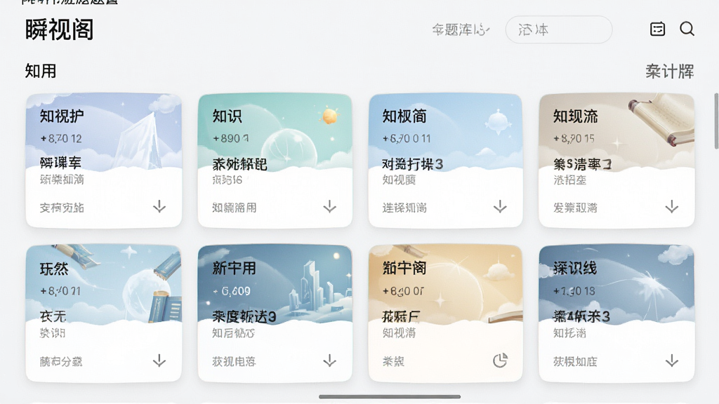 瞬视阁应用内题库界面预览图,展示分类齐全的知识卡片,排列整齐,风格清新,画质精细,干净无多余元素