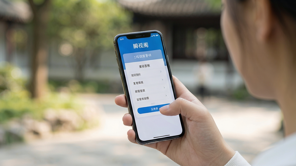 瞬视阁使用场景图,展示用户手持手机在户外进行答题,界面清晰,风格自然,背景虚化,画质高清,干净无多余元素
