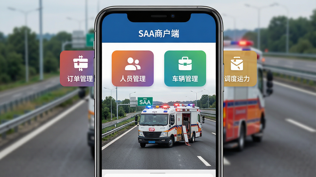 一张智能手机屏幕展示SAA商户端主界面,界面顶部显示“SAA商户端”字样,下方有订单管理、人员管理、车辆管理、调度运力四个彩色功能图标,背景为道路救援车辆在高速公路上作业的实景照片,布局清晰,排版整齐,风格现代商务,细节丰富,画质高清干净,无多余元素