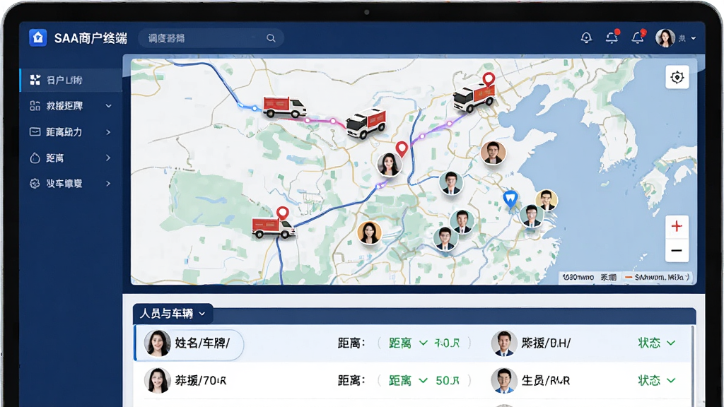 SAA商户端调度运力界面示意图,屏幕中间显示地图,地图上有多个救援车辆图标和人员头像标记,下方为可滑动的人员与车辆列表,每个条目包含姓名/车牌、距离和状态,界面配色以深蓝和白色为主,布局合理,风格科技感,细节丰富,画质清晰干净,无多余元素