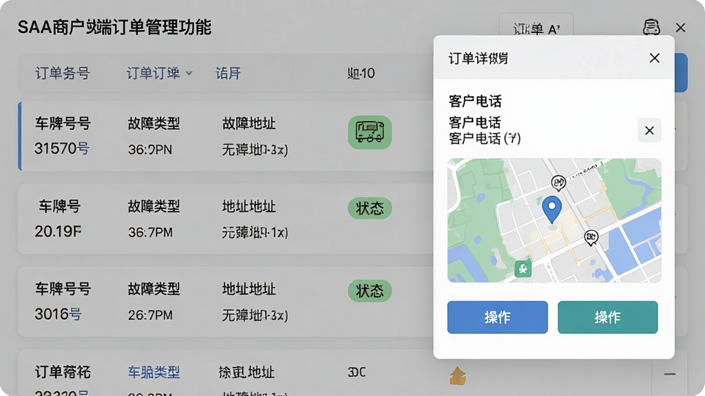 SAA商户端订单管理功能预览图,画面左侧为订单列表,每条订单显示车牌号、故障类型、地址和状态标签,右侧为订单详情弹窗,包含客户电话、定位地图和操作按钮,整体布局清晰,排版专业,风格简约商务,细节丰富,画质高清干净,无多余元素