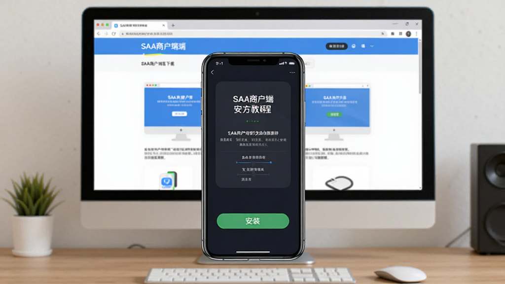 SAA商户端安装教程示意图,画面为手机屏幕显示应用安装界面,下方有“安装”按钮,背景为电脑桌面显示SAA商户端官方下载页面,整体布局清晰,风格简洁,细节清楚,画质高清,无多余元素