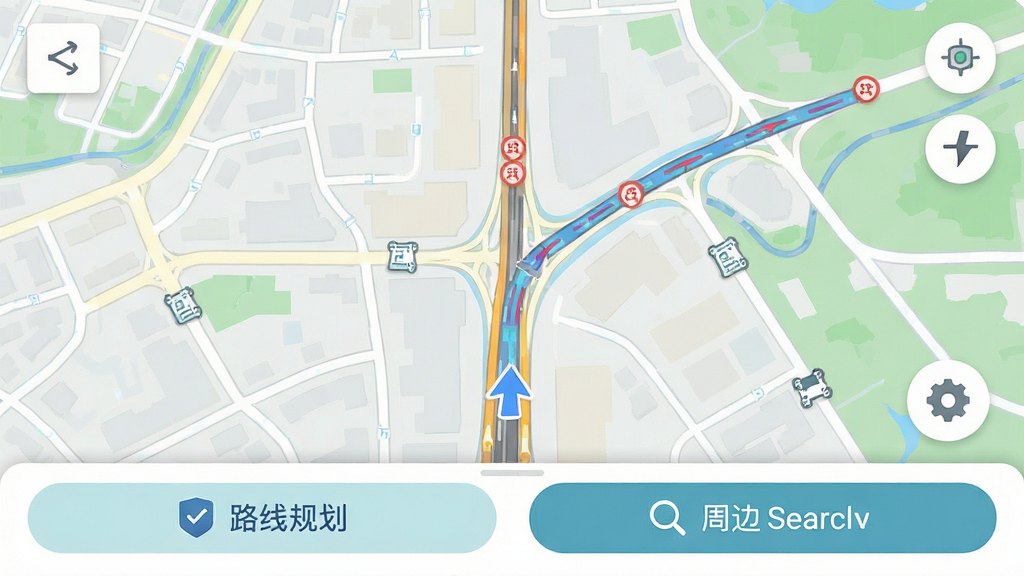 高度地图导航免费版主界面预览图,高清地图展示城市街道与实时路况,底部设有路线规划和周边搜索按钮,界面简洁明了,色彩清新自然,图标设计现代,整体风格扁平化,画质干净,无多余元素