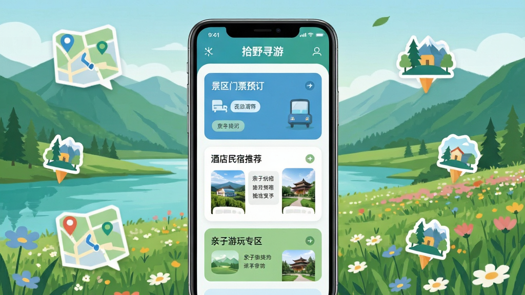 画面主体为手机屏幕展示拾野寻游APP界面,界面包含景区门票预订、酒店民宿推荐、亲子游玩专区等模块,背景以清新自然风景为主,如青山绿水、郊野花海。布局采用居中构图,手机屏幕占据视觉中心,周围点缀地图导航、景点图标等元素。排版干净有序,色彩以蓝绿自然色调为主,扁平化设计风格,细节丰富,画质高清,干净无多余元素。
