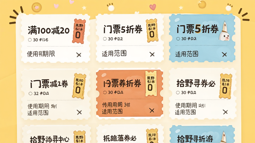 画面主体为拾野寻游APP的优惠券中心页面,屏幕上展示多张优惠券卡片,如“满100减20”“门票5折券”等。布局采用网格排列,背景为暖黄色,营造促销氛围。排版活泼,券面设计醒目,风格卡通简约,细节包括使用期限和适用范围,画质干净,无多余元素。