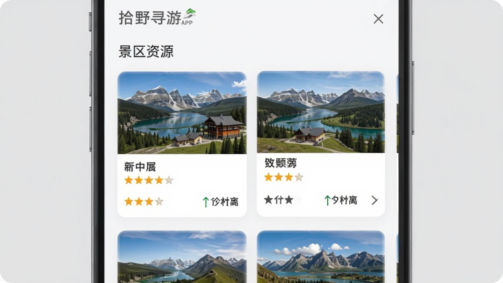 画面主体为拾野寻游APP的景区资源列表页,屏幕上展示多个景点卡片,包含图片、名称、评分和价格。布局采用列表式排列,背景为淡雅灰色,突出卡片内容。排版整齐,信息层级分明,风格简洁商务,细节包括星级评分、距离标签等,画质清晰,干净无多余元素。